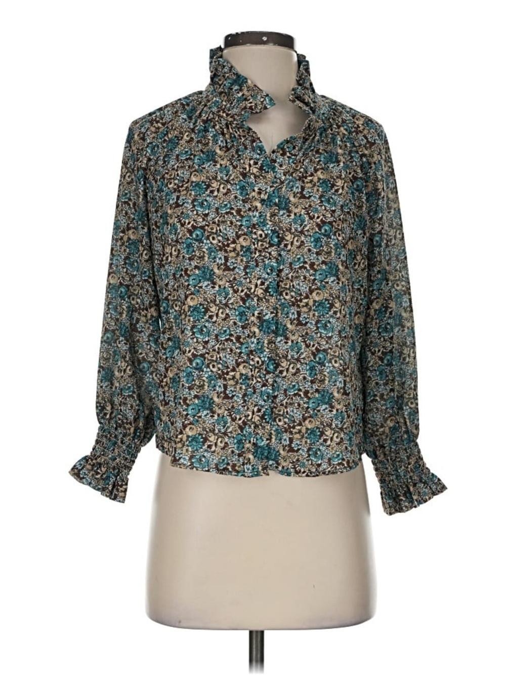 Tuckernuck Teal and Brown Floral Ruffle-Neck Blouse
